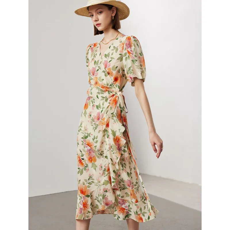 

2026 Spring Summer Short Sleeve Silk Dress Women Lace-Up 100% Mulberry Silk Dress