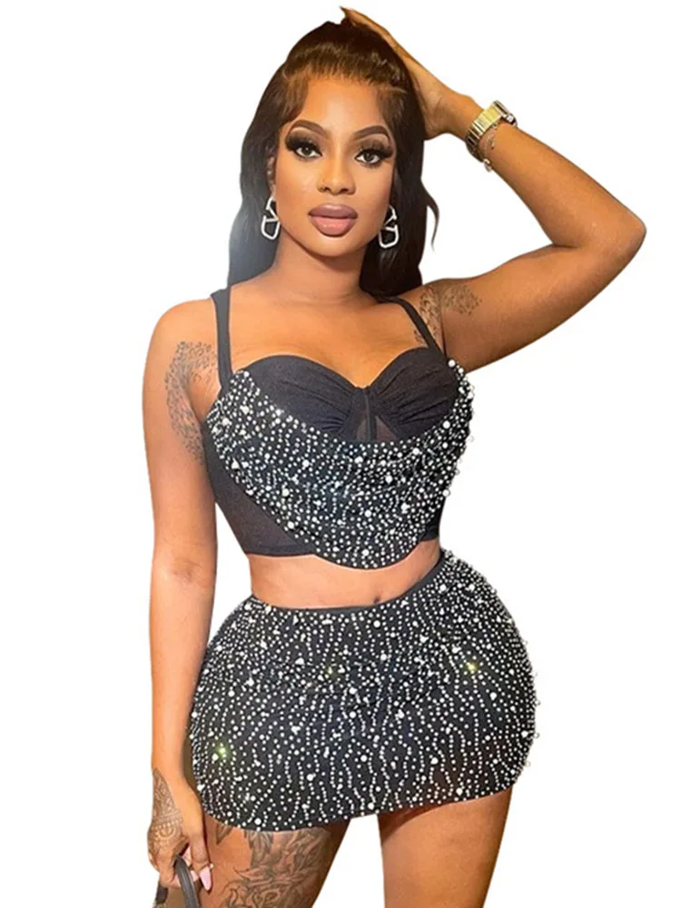 

Sexy Two Piece Rhinestone Mesh Set Women Clubwear For Party Short Camis Tops And Mini Skirts See Through Night Club Outfits Sets