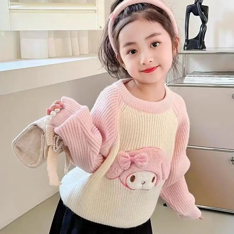 

Hot Sanrio Girl Sweater Kuromi Kawaii Anime Fashion Autumn and Winter Student Keep Warm Round Neck Sweater Children's Clothing