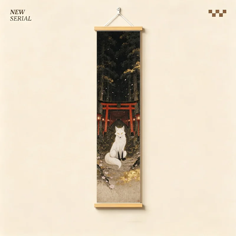 Japanese Wall Art Fox Spirits Torii Gates and Full Moon on Silver Shimmer Canvas for a Mystical Bedroom Interior Decor