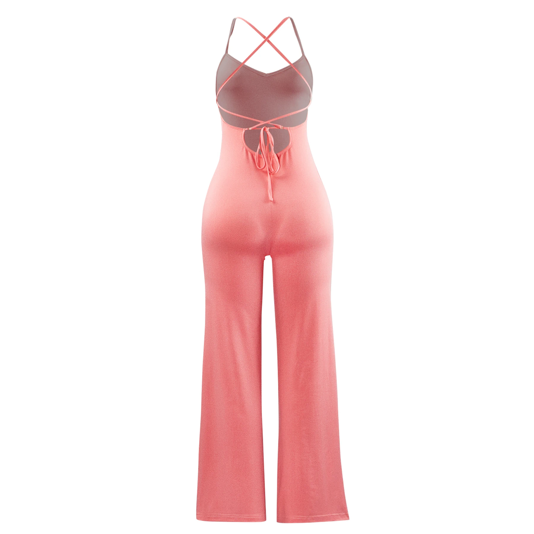 Women\'s Elegant Jumpsuit Retro Everyday Solid Color V-Neck Halter Backless Sleeveless Women\'s Loose Wide Leg Jumpsuit 2024