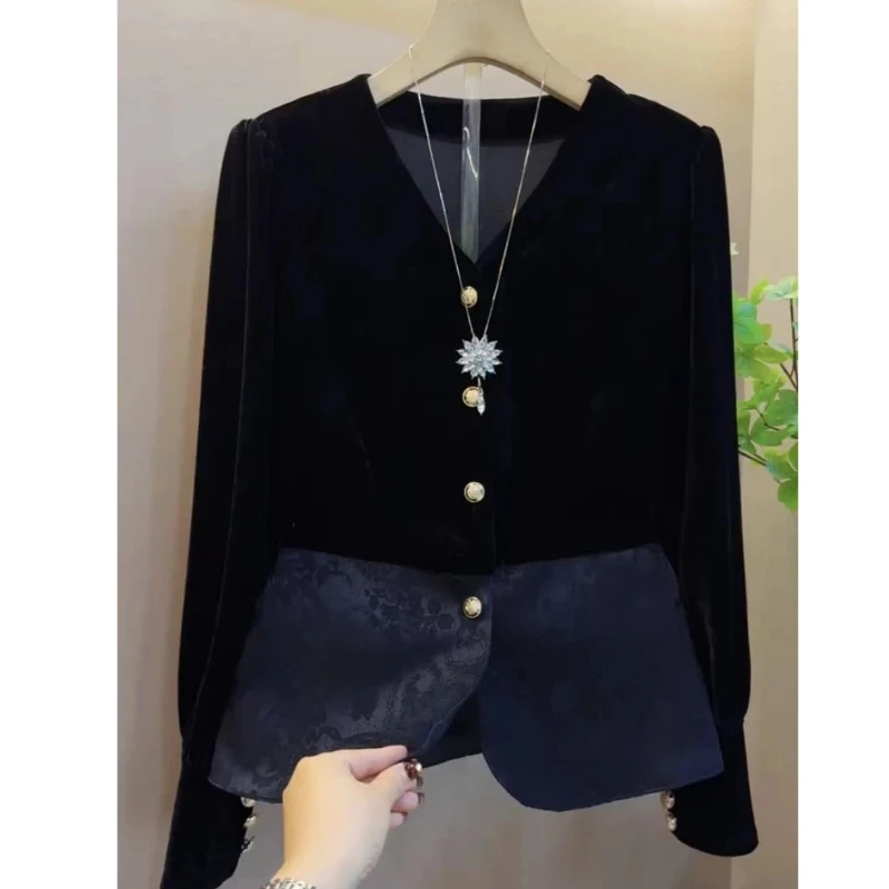 Button Contrast Patchwork Loose Vintage Blouse Spring Autumn Women Clothes Long Sleeve V Neck Harajuku Shirt Tops Casual Fashion