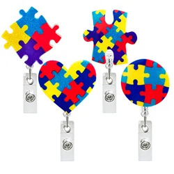 Acrylic Colorful Puzzle Autism Retractable Badge Reel Nurse Doctor Id Card Holder Accessories Supplies Name Card Badge Clip