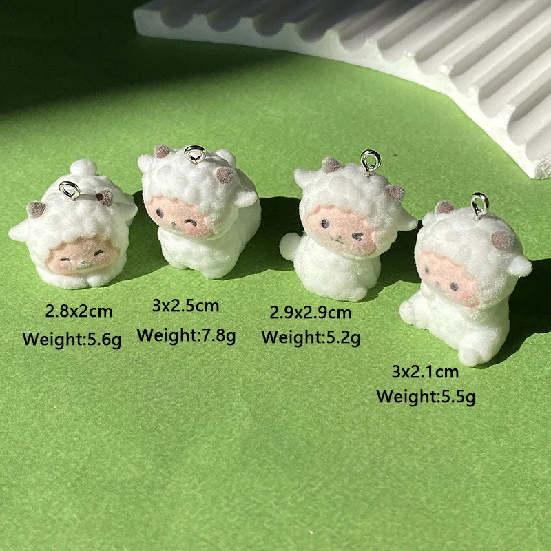 20pcs 3D Fluffy flocking Cute Little Sheep Charms Cartoon Resin Doll Pendant For DIY phone bag keychain crafts Jewelry make