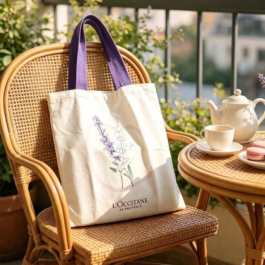 LOCCITANE Lavender Print Cotton Canvas Tote Bag,Large‑Capacity Casual Shopping Shoulder Handbag Gift for Girls