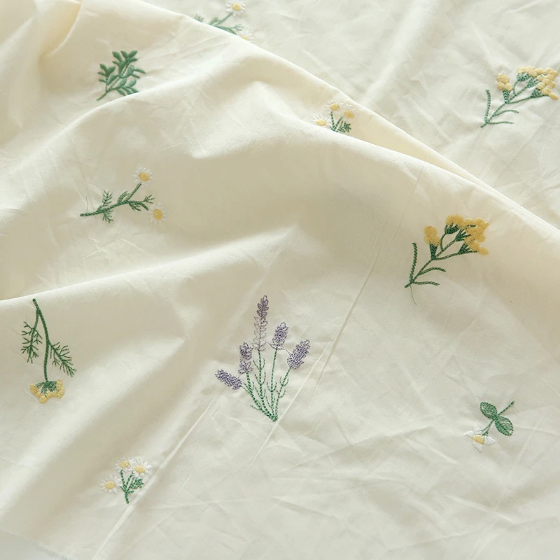 Beige Cotton Embroidery Lavender Daisy Wild Flowers Fabric For DIY dress Blouse Curtain supply Skirt Table Cover Bag