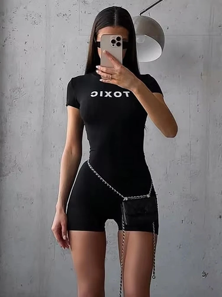

Letter Print Fashion Romper Women Body-Shaping o-Neck Mini Sleeve Tight Peach Hip Casual Simple Workout Playsuits
