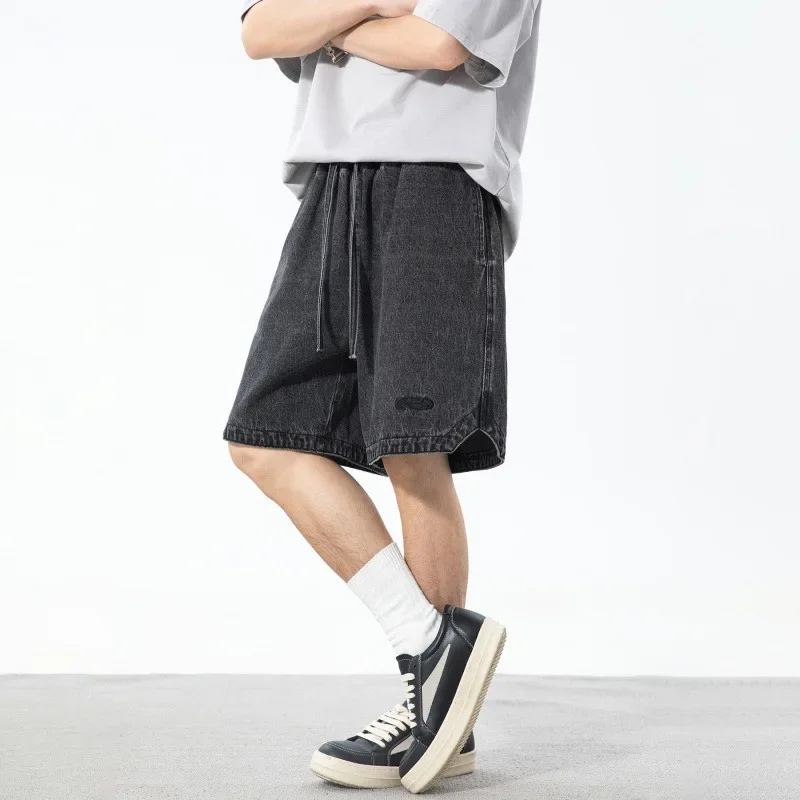 Men Embroidery Loose Casual  Denim Shorts Washed Spliced Shorts Knee Length Distressed Drawstring Straight Jeans 2025 New Summer