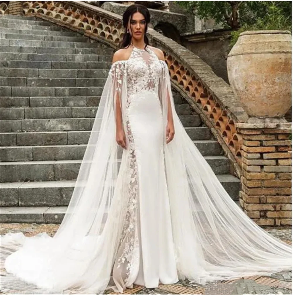 Luxury Beach Wedding Dress Long Open Sleeves Lace and Plain Satin Mermaid Vestidos Bridal Gown Floor-Length Vestidos de novia 20