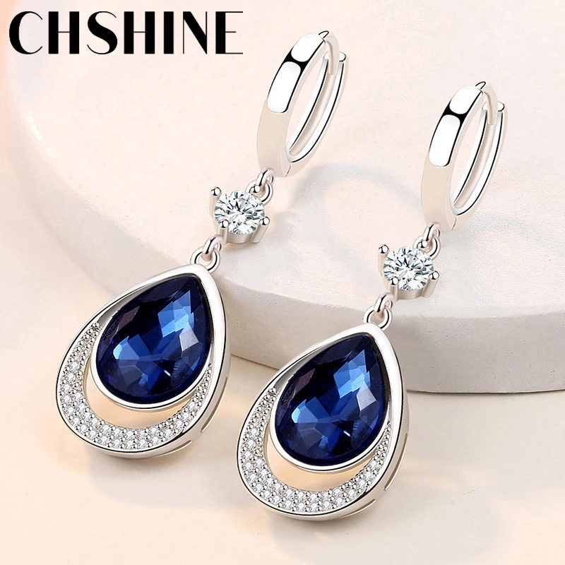 CHSHINE-925 Sterling Silver Water Drop Sapphire Brincos Para Mulheres, Jóias Da Moda, Banquete De Casamento, Presente De Festa