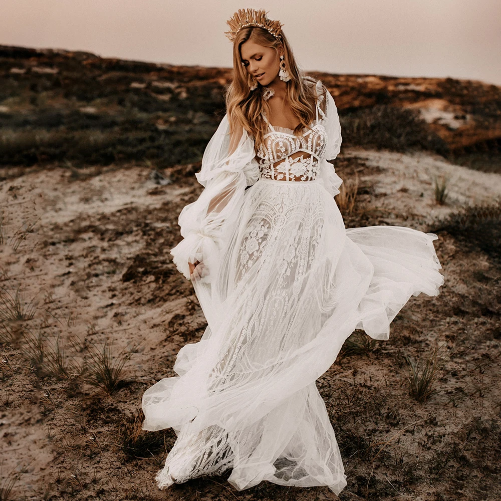 Beachy Boho Long Balloon Sleeves Wedding Dress Customized Plus Size Sweetheart A Line Appliqued Lace Elopement Bridal Gowns