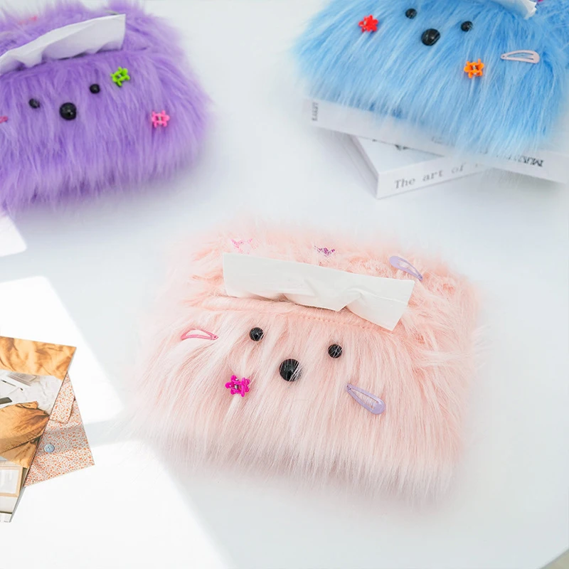 Cute Long Haired Puppy Tissue Box Car Home Kawaii Plush Tissue Boxes Tissue Storage Case Container Desktop Paper Organizer