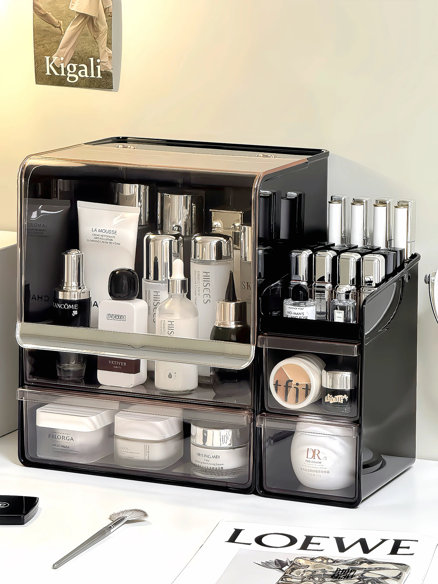 

Desktop Drawer Style Large Capacity Cosmetic Storage Box Makeup Brush Organizer Transparent Dustproof Shelf Cosmetic Storage