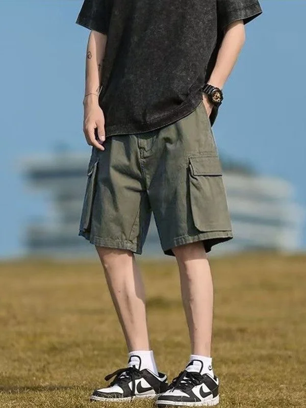 

Casual Wide Leg Short Pants Men's Summer Thin American Retro Trend Straight Tube Loose Five-Quarter Pants Workwear Polyester ...