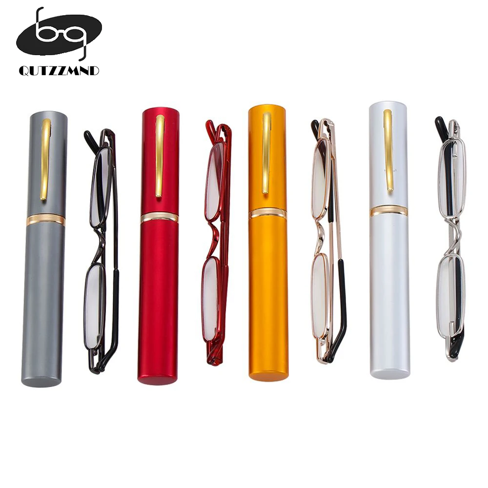 New Fashion Mini Portable Clip Case Tube Reader Glasses Slim Pen Reading Glasses Spring Hinged Eyeglasses with Box for Men Women