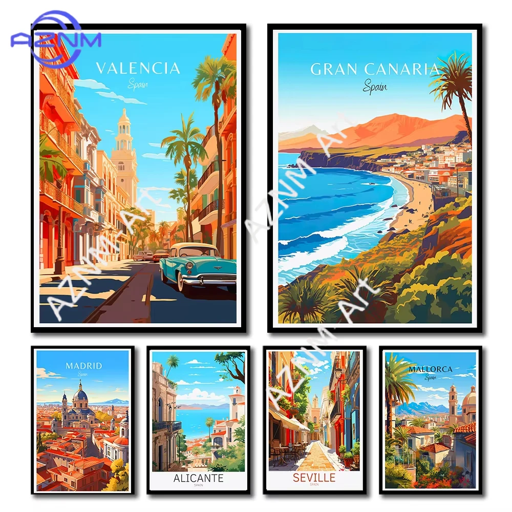 1PC ，Spain Travel Poster Paris Gran Canaria Barcelona Madrid Granada Canvas Print Painting Wall Art Picture Room Home Decor