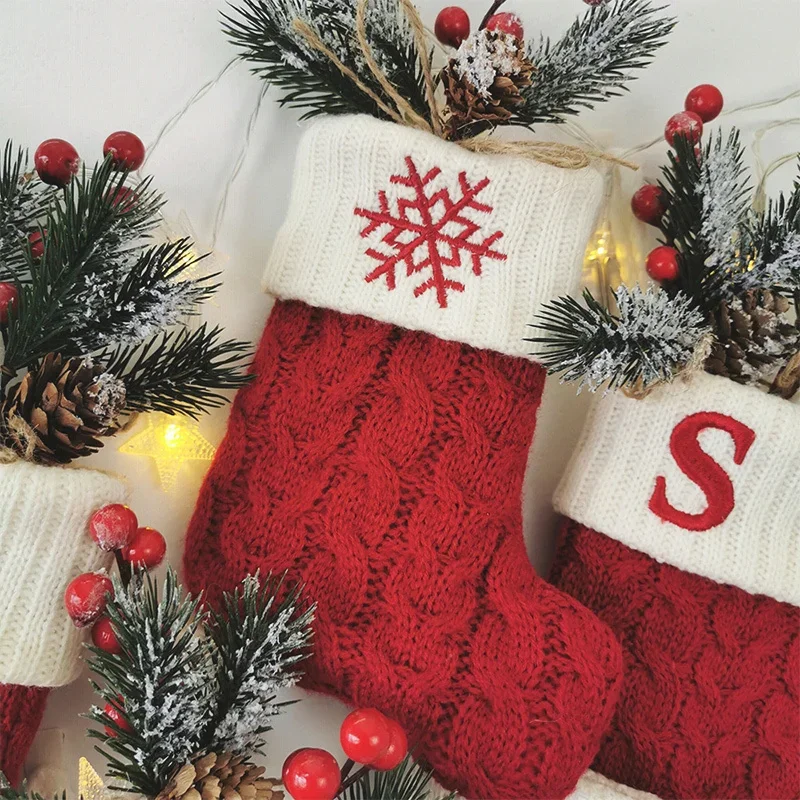 Letters Christmas Stocking New Knitting Christmas Tree Pendant Decorations For Home Xmas Gift Snowflake Alphabet Christmas Socks