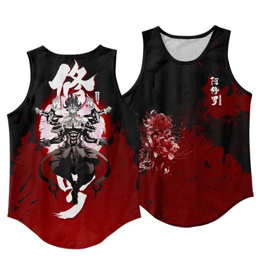 Demon Print Samurai Tank Tops Fashion Sleeveless Shirt Sportswear Vest Casual Singlet Oversize Mesh Tops Hip Hop Men