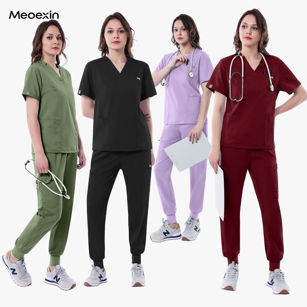 

High Quality Unisex V-Neck Top Hospital Beauty Salon Scrubs Set Fashion Medical Uniforms Elastic Nursing Nurse Doctor Scrub Suit