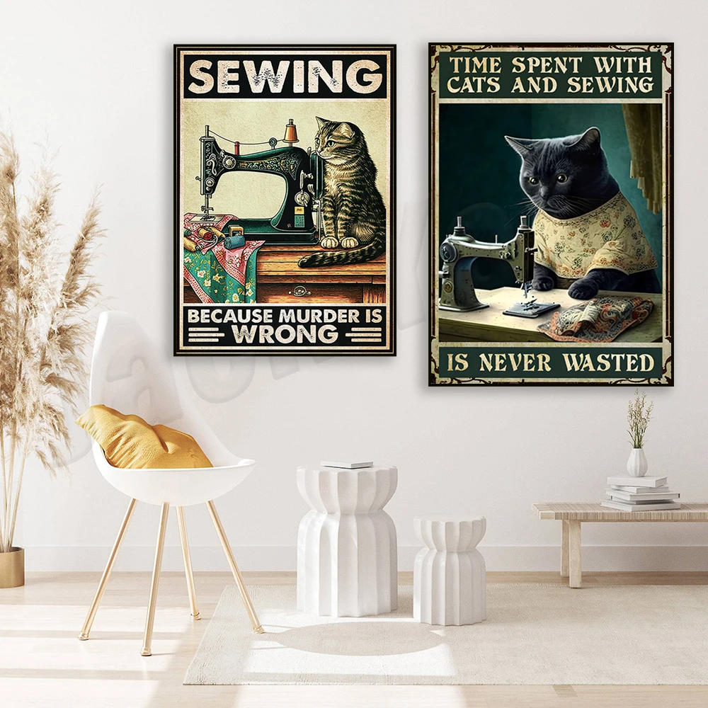 Time Spend with Cats And Sewing Is Never Wasted Poster, Sewing Machine Poster, Sewing Cat Art, Sewing Cat Poster Gift