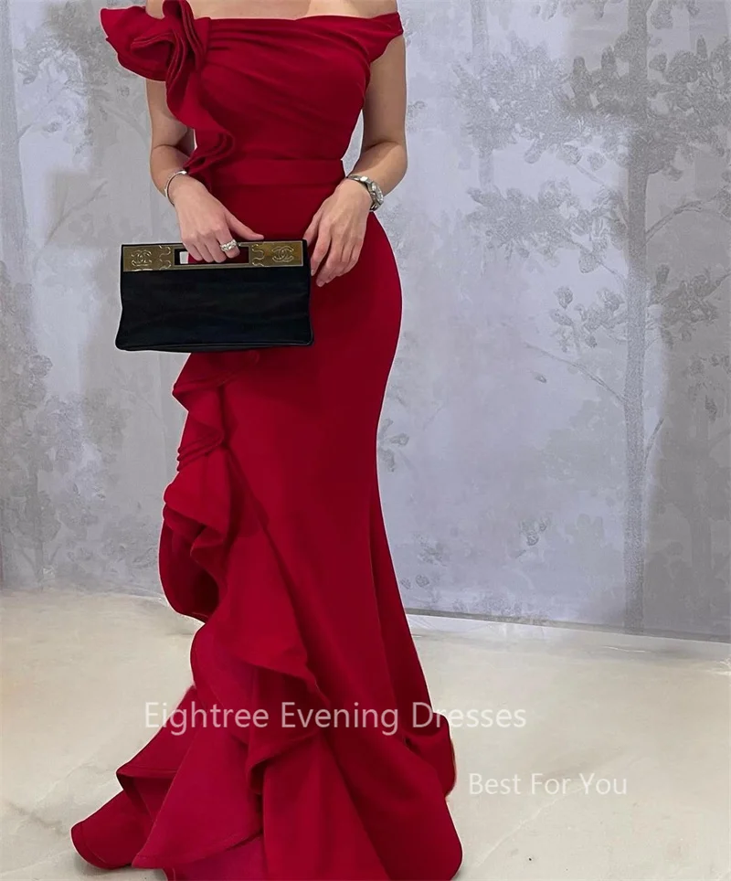 Eightree Red Mermaid Strpless Arabic Evening Dresses Ruffles Off Shoulder Sleeveless Dubai Long Formal Party Dress Prom Gowns