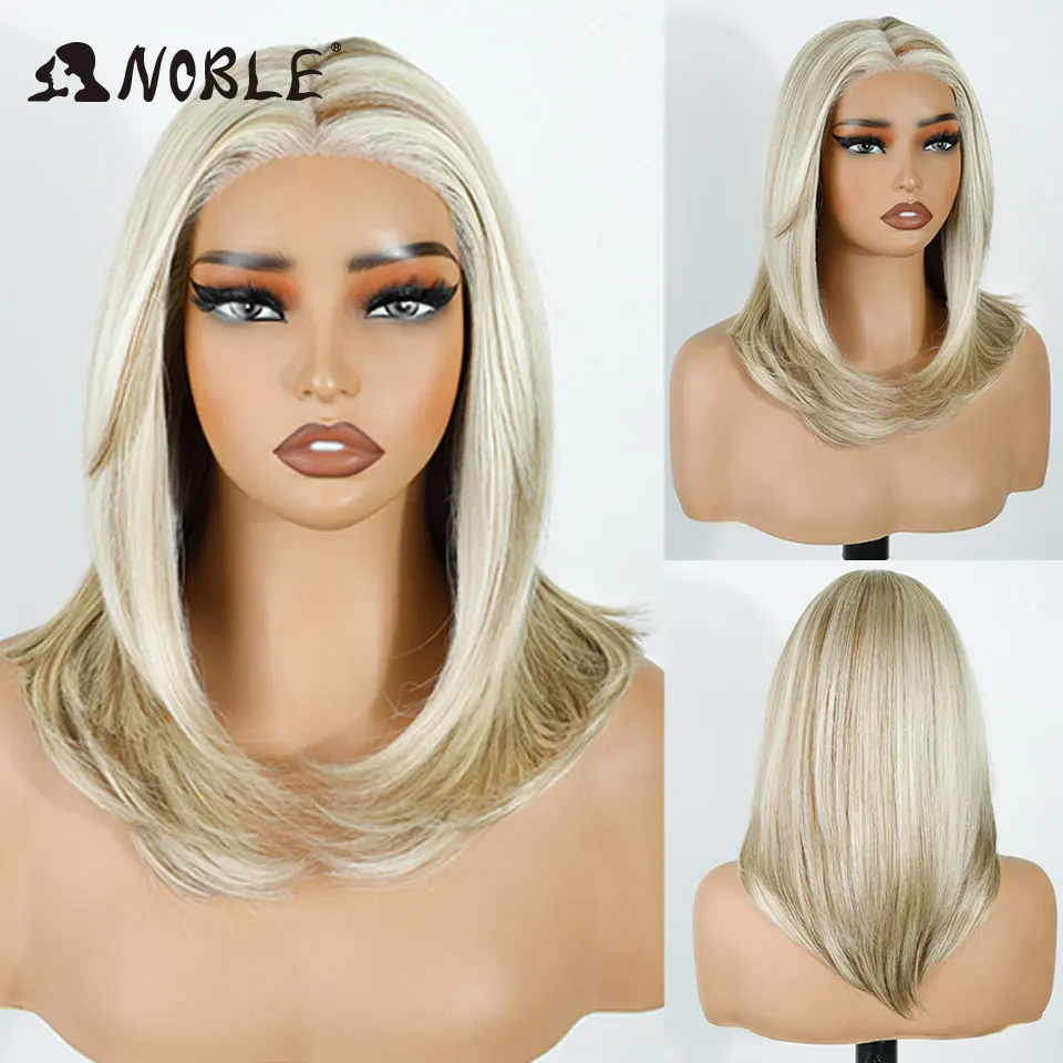 Edle synthetische Lace-Front-Perücken für Damen, 16 Zoll, 13x3, mit freiem Scheitel, vorgezupfte Bob-Perücken, gerade, geschichtet, Ombre-Braun, Lace-Front-Perücke – Detail 8