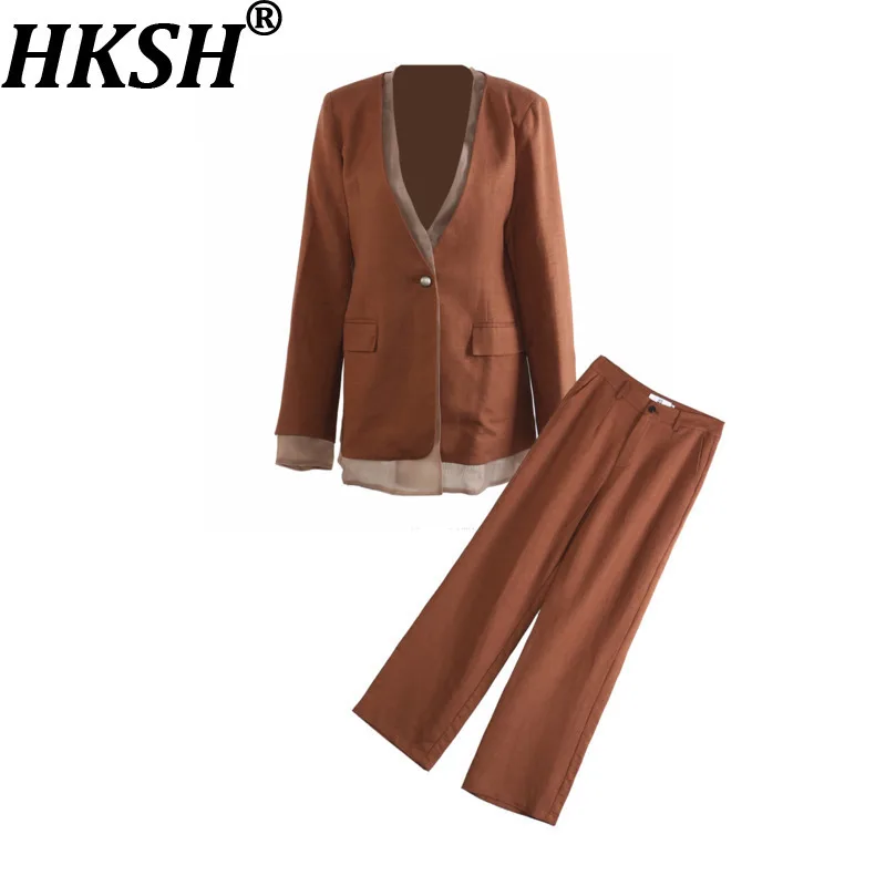 

HKSH Autumn New Women Two-piece Set Patchwork Color Block V-neck Single Button Blazer Straight Pants Office Lady Elegant HK12169