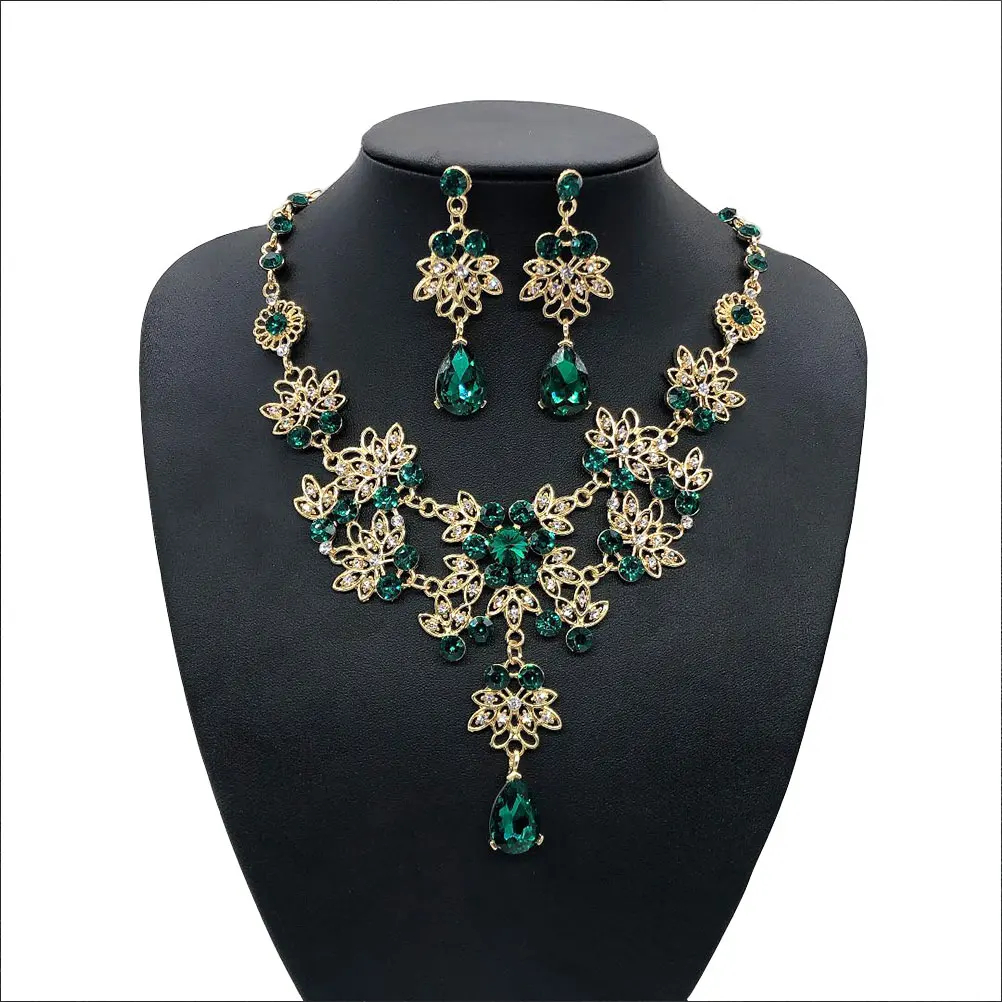 

1 set Crown Necklace Earring Set Green Color Elegant Jewelry Wedding Dress Accessories Women Party Costume bridal jewelry gift