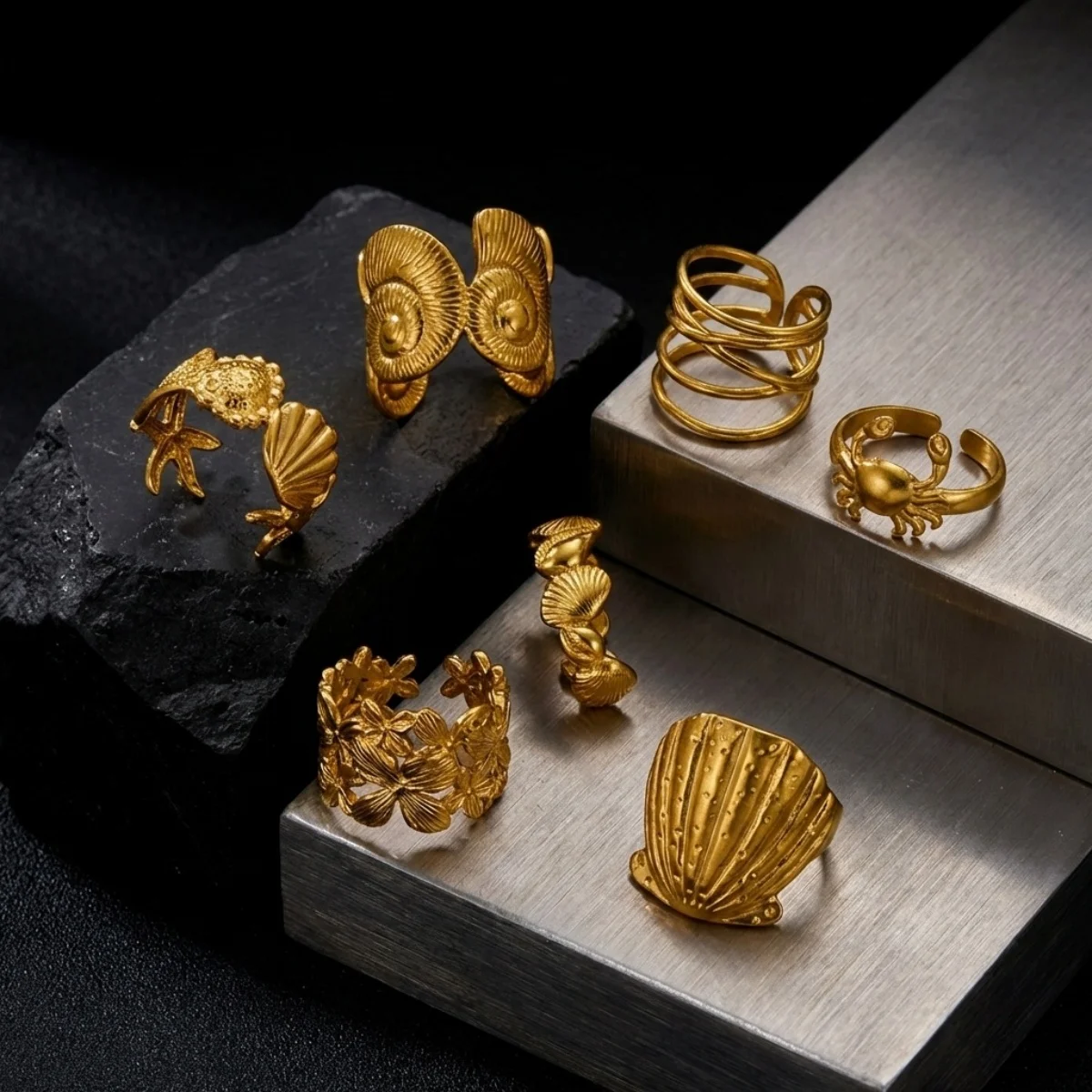 Edelstahlringe mit Muschel-, Krabben- und Blumenmotiven für Damen und Herren, Strand, Schmetterling, geometrischer Ring, Schmuck – Detail 25