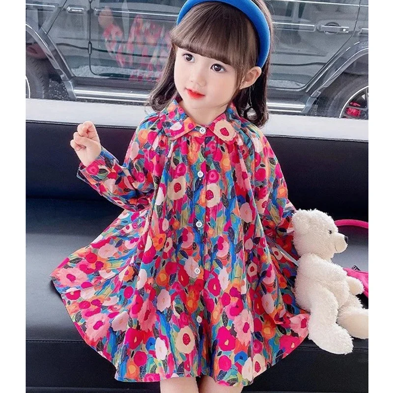 1-8 Years Oil Style Full Print Flower Spring Autumn Girls Dress Full Sleeve Lapel Single Breasted Princess Dress For Girl