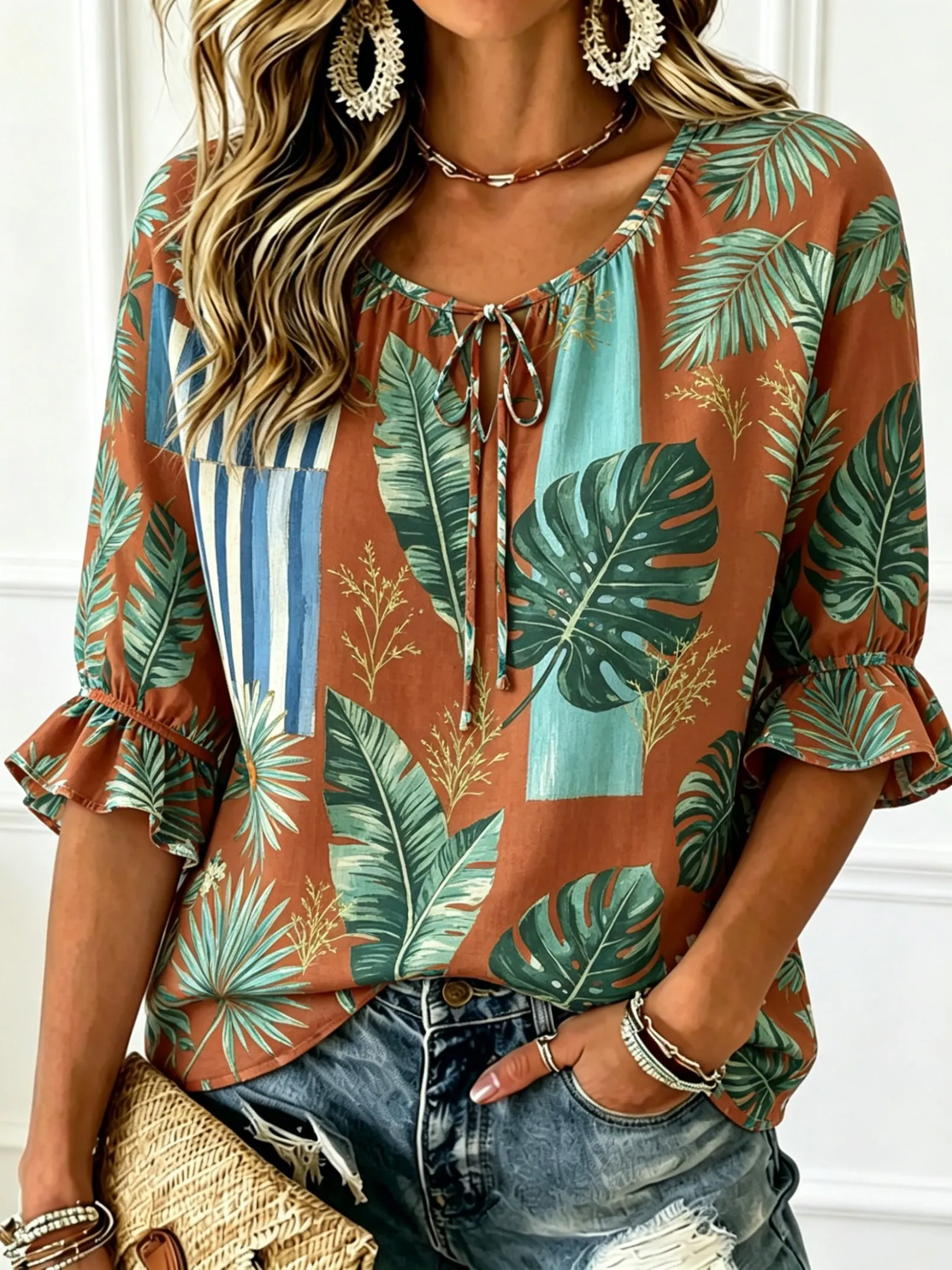 

Women's Tie Keyhole Neck Blouse, Rust Base Stripe Patchwork Tropical Palm Monstera Leaf Print, for Summer Daily Outfits