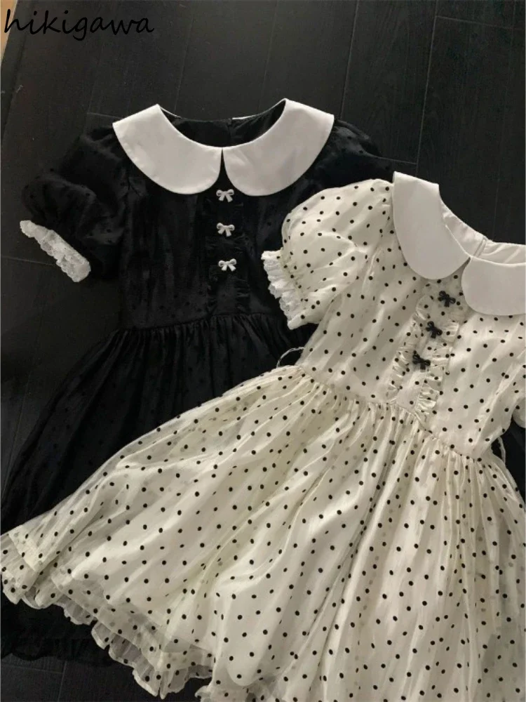 

2025 Vestidos De Mujer Dresses for Women Peter Pan Collar Sweet Summer Robe Femme Slim Waist Polka Dot Vintage Cute Dress 27w527