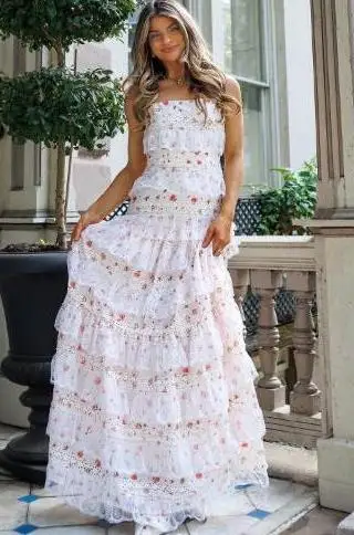 Vestido feminino deslizante, vestido floral sem mangas renda patchwork em camadas vestido longo de verão para festa de coquetel