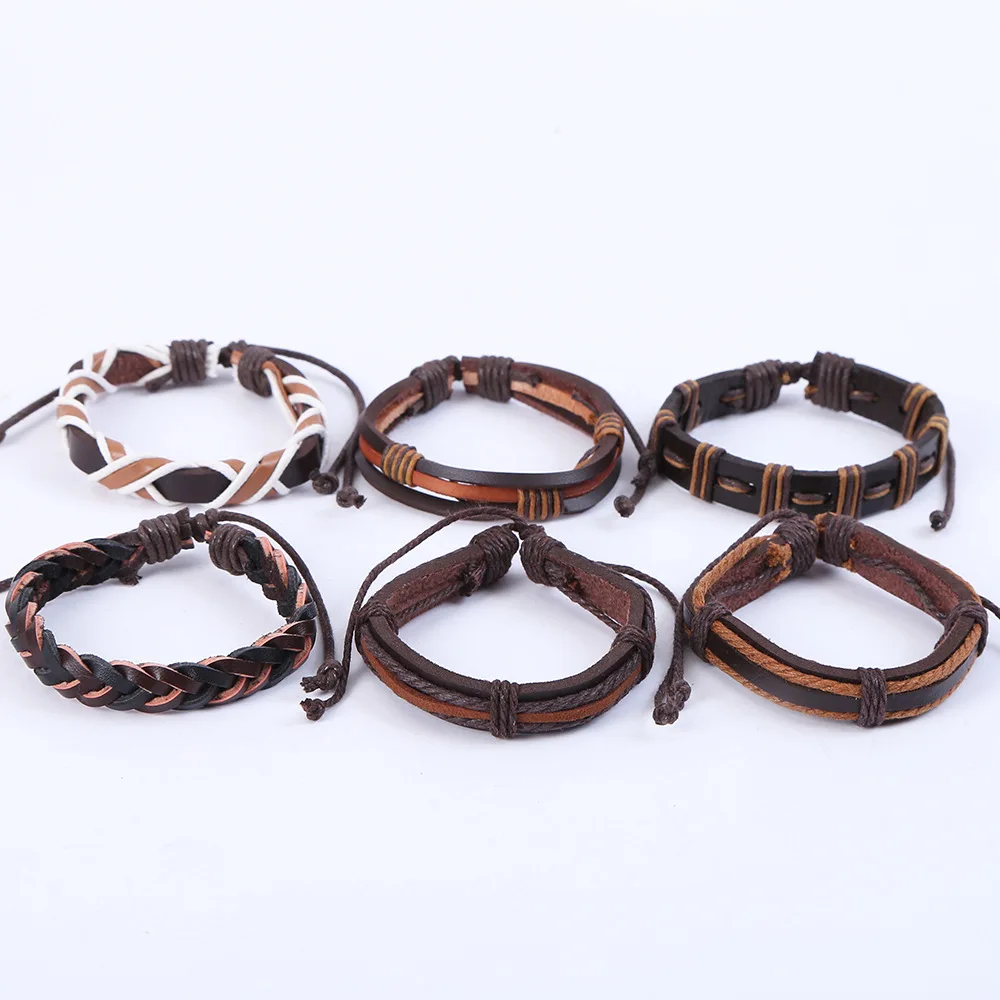 6PCS Vintage Mehrere Schichten Leder Armband Set Für Männer Blatt Feder Handgemachte Geflochtene Wrap Charm Armband Schmuck Zubehör