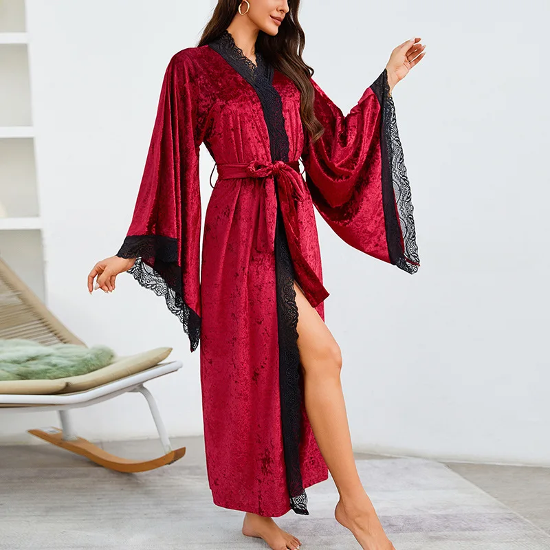

Autumn Bathrobes Sexy Lace Patchwork Luxury Long-sleeved Velvet Nightgowns Solid Nightwears for Ladies Elegant Home Clothes