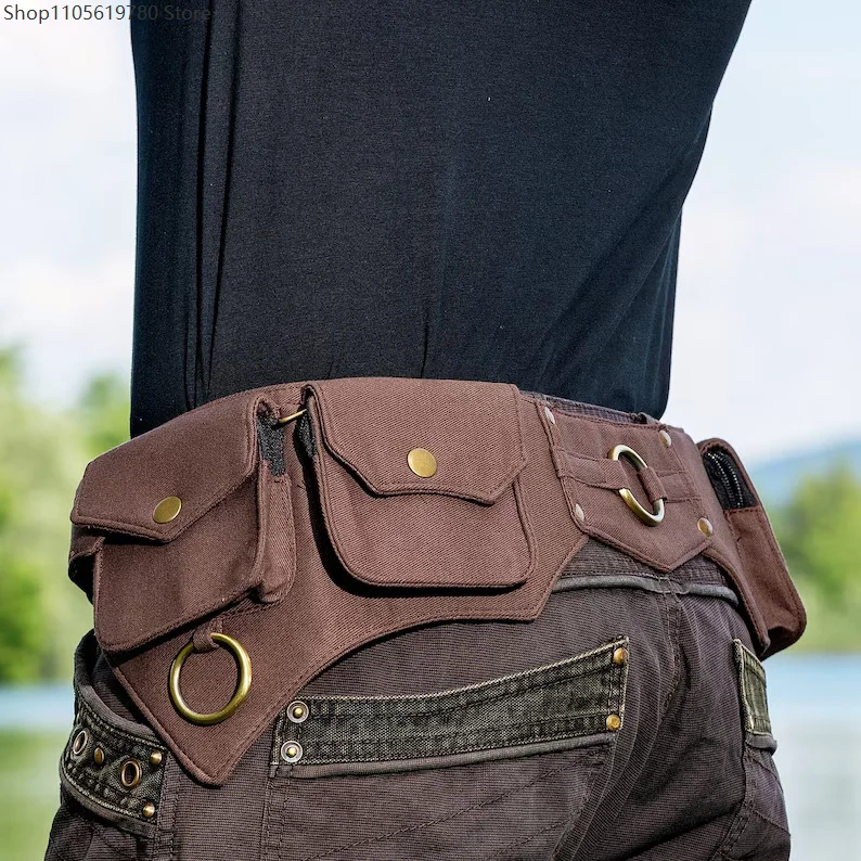 Tactical‑Style Canvas Wearable Waist Belt Bag Multi‑Pocket Rivet Metal Ring Decor Adjustable Utility Hip Pouch Cosplay Accessory