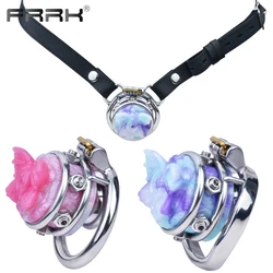 FRRK Male Chastity Strap пояс верности with Silicone Butterfly Shape Clitoris for Couple Botted Metal Cock Cage Penis Rings