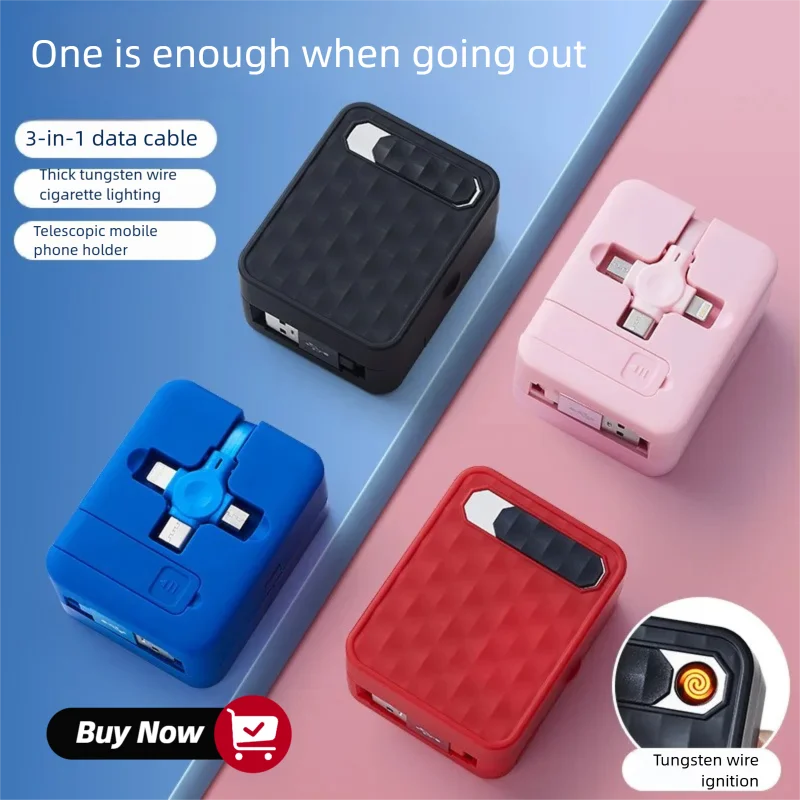 Hot selling three in one shrink phone data cable with charging electronic lighter and cigarette lighter integrated