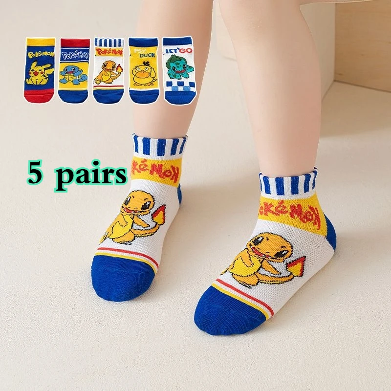 5 pares de calcetines de Pokémon para niños, calcetines cortos de Anime para niños, calcetines Kawaii de dibujos animados para niños, calcetines de verano y primavera para bebés, regalo para niños de 1 a 12 años