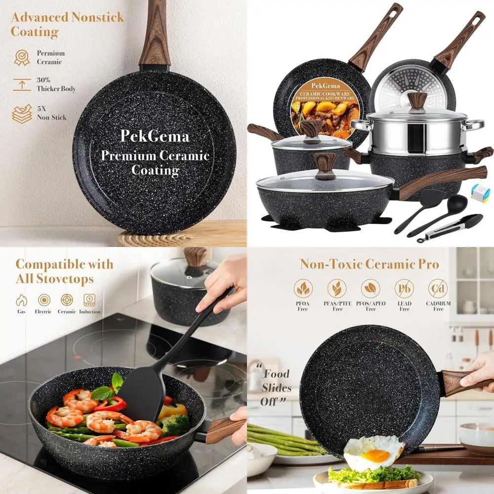 

Nonstick 14-Piece Ceramic Cookware Set, Healthy & Non-Toxic Kitchenware, Induction Compatible, Black