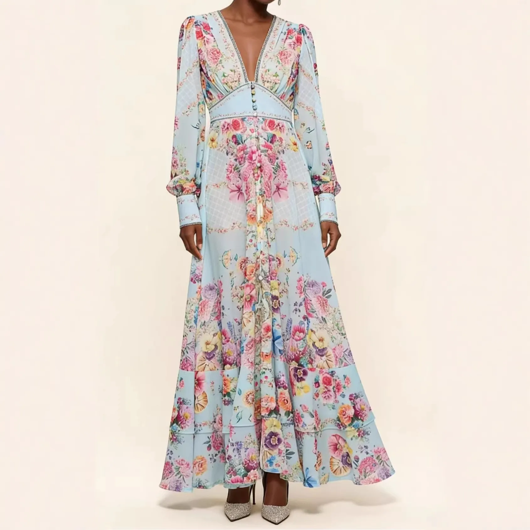 

Women Casual Print Dress Sexy V-Neck Long Sleeve Gorgeous Flower Bohemian Beach Sundress Ladies Summer Vacation Maxi Vestidos