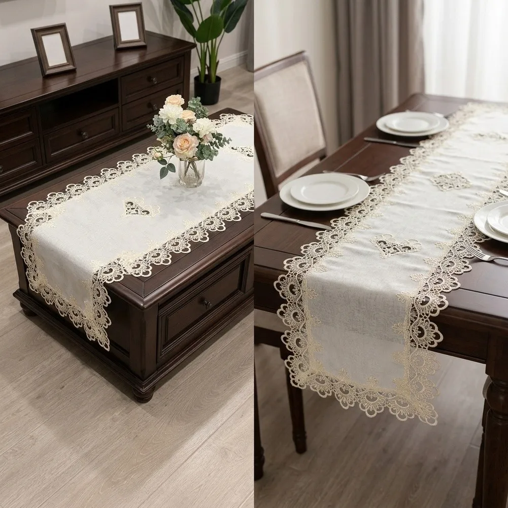 2 Piece White and Gray For Tablecloth Set 50 cm by 100 cm Rectangular Polyester Mat with Hollow Lace Floral Design