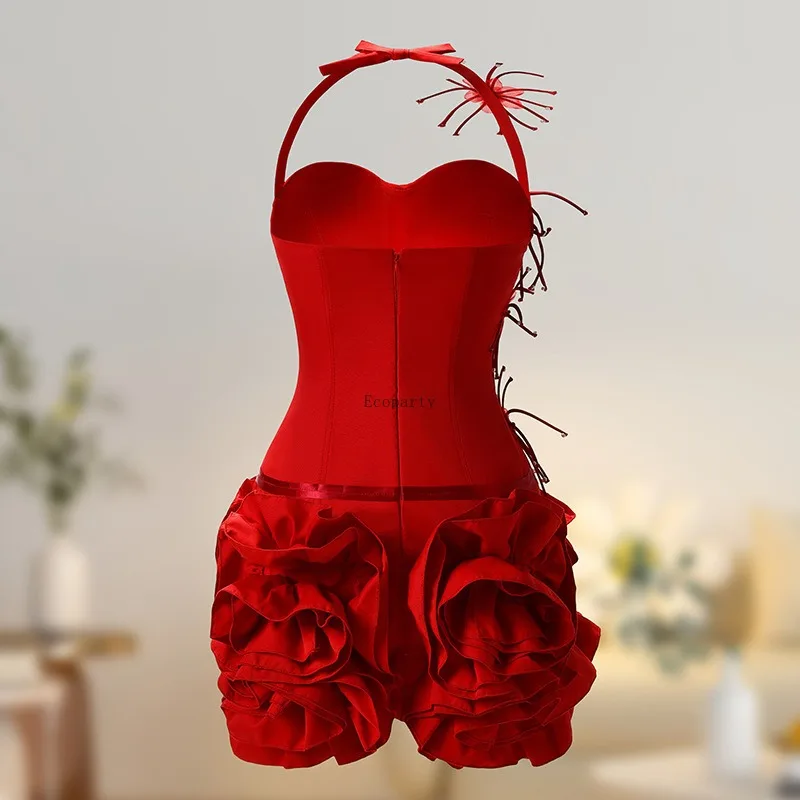 Red Black Women Sexy Halter Full Florals 2 Pieces Bodycon Mini Bandage Dress Celebrate Nightclub Party Birthday Outfit Disfraz