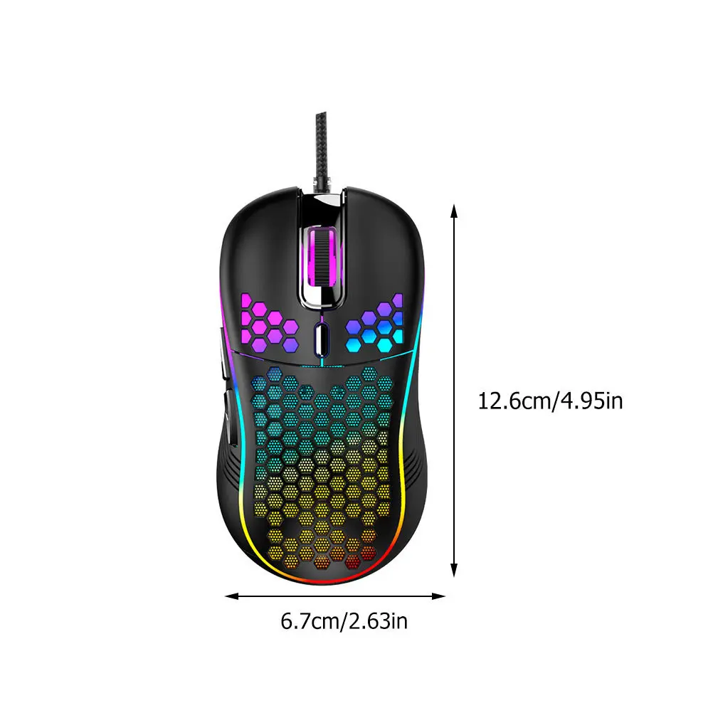 1 шт. проводная игровая мышь в форме сот, RGB светлая черная компьютерная мышь, эргономичный дизайн для домашнего офиса, ноутбука