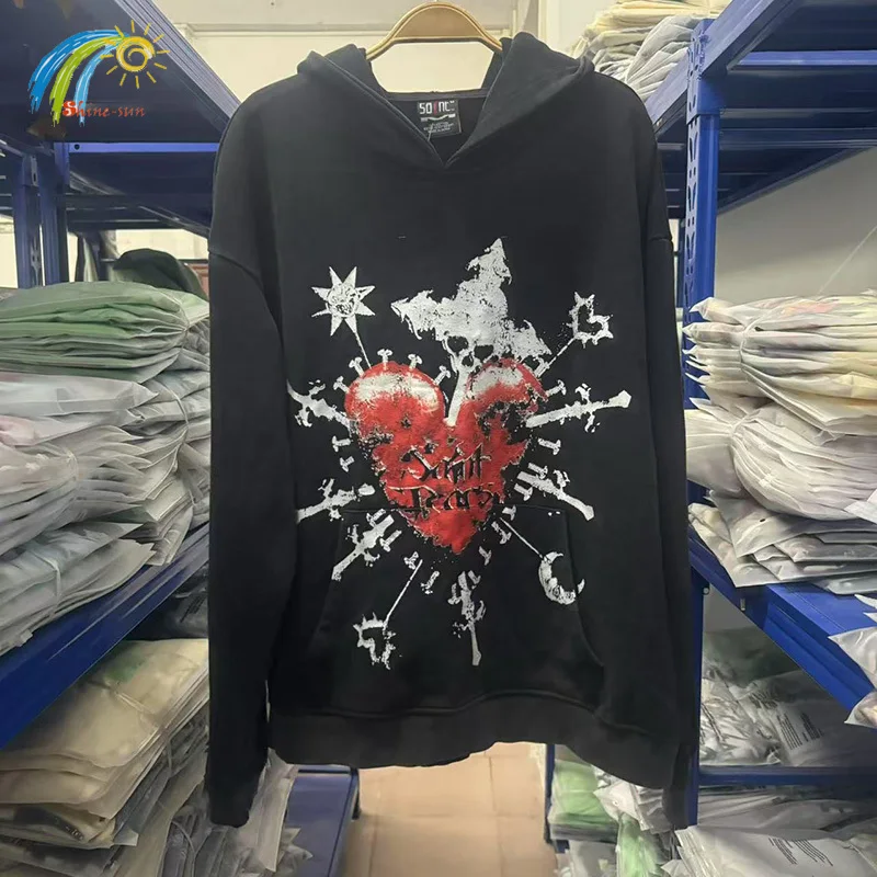 

25FW Streetwear Vintage Washed Black Love Graphics Print Saint Hoodie Men Women Top Quality Cotton 360GSM Pullovers Hooded