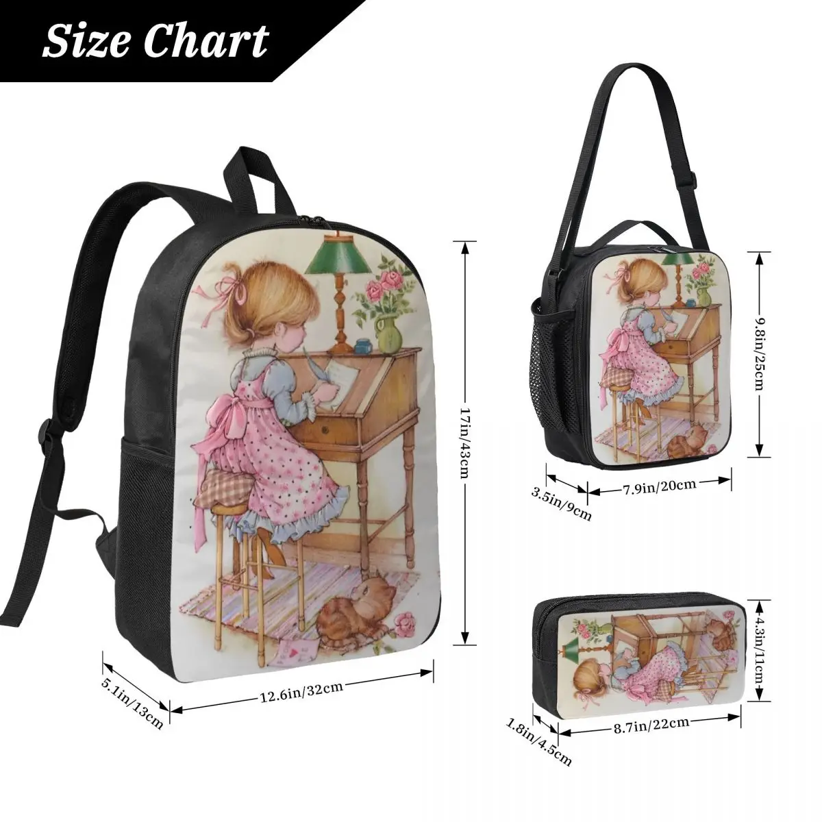 3Pcs Sarah Kay Backpack Set for Kids Pencil Boxes Bookbag Sets with Lunch Box For School Students Daypack