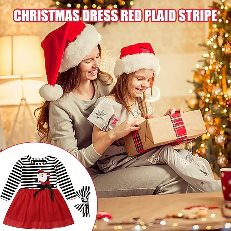 Girls Tutu Dress Cotton Striped Tutu Dress Santa Claus Princess Dress Long Sleeve Soft Girls Cloth Girls Dress For Holiday