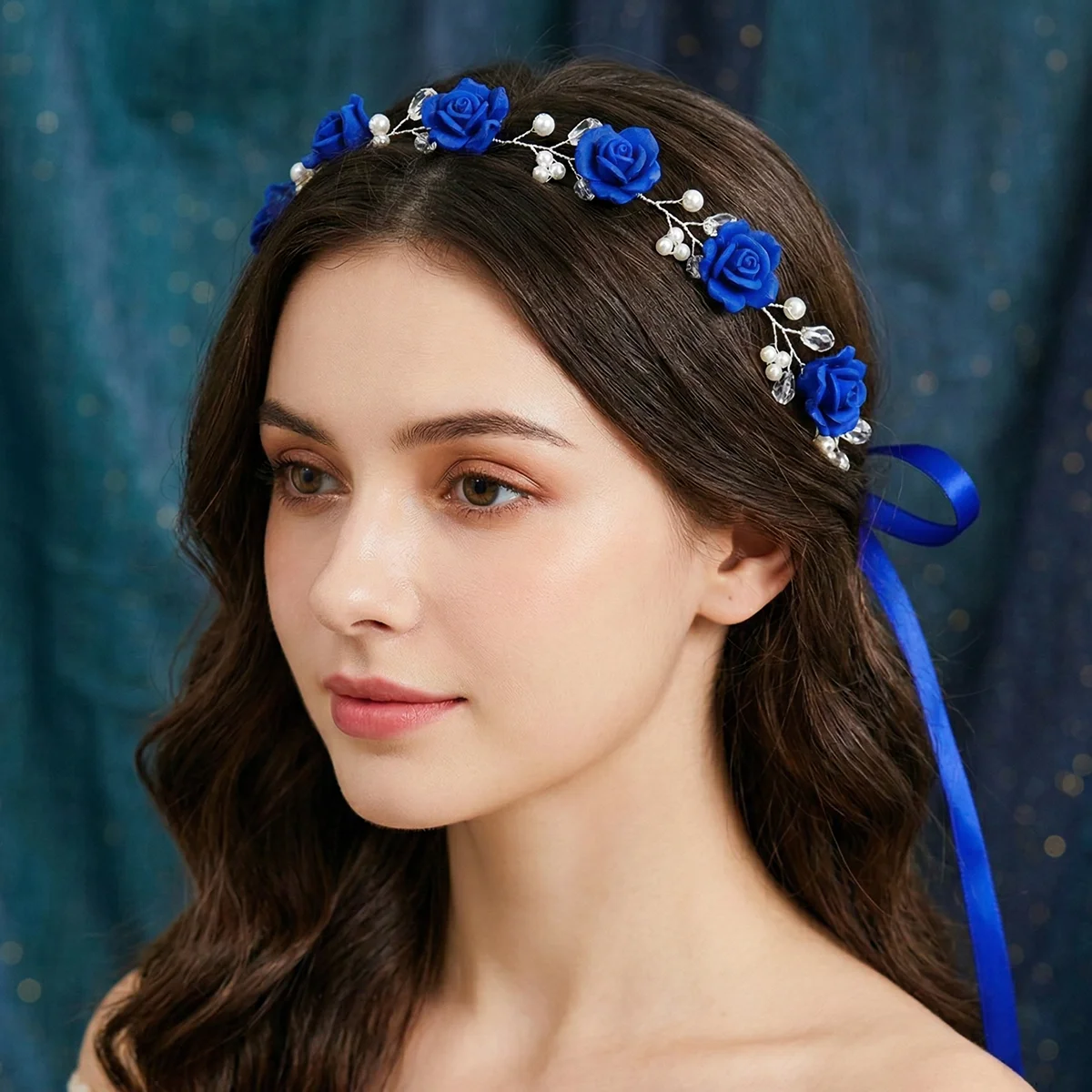 

Royal Blue Rose Bridal Hair Vine Handmade Pearl Crystal Wedding Headband Navy Blue Ribbon Floral Headdress Princess Accessories