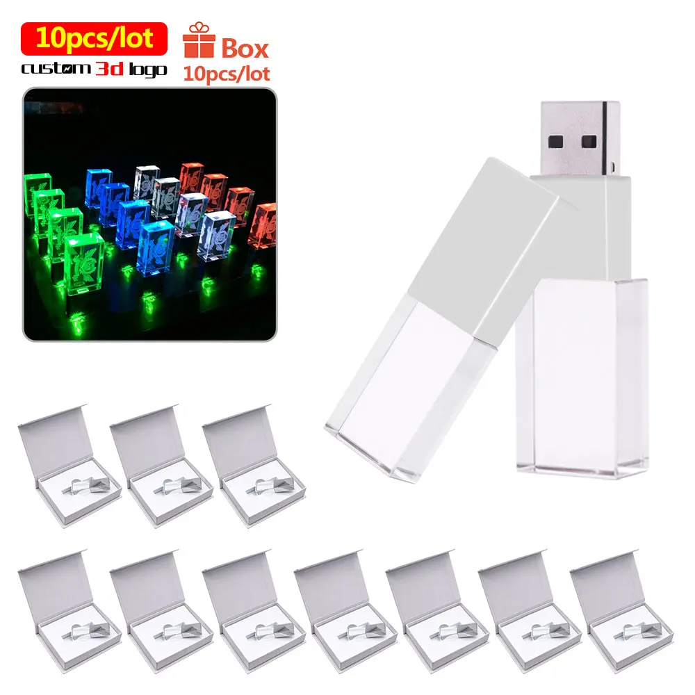 Unidad de memoria Usb de cristal dorado con caja, lápiz de memoria Flash Usb 2,0, logotipo personalizado, más de 10 piezas, logotipo gratis, disco U, nuevo, 10 piezas por lote