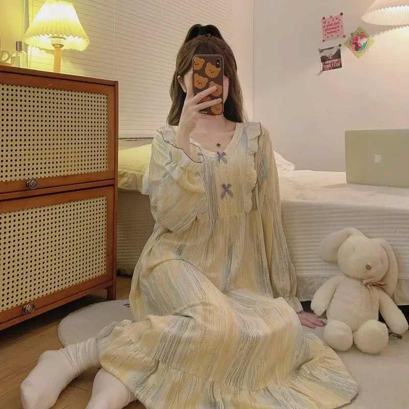 

Spring Autumn Long Sleeve Night Dress Women's Korean Style Cute Lace Loose Pull-up Home Suit Pajamas Hot Shirts Ladies Pyjamas